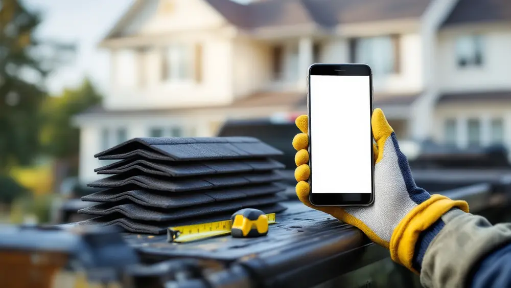 Roofing contractor holding a phone over shingle bundles on a truck tailgate before quoting a reroof