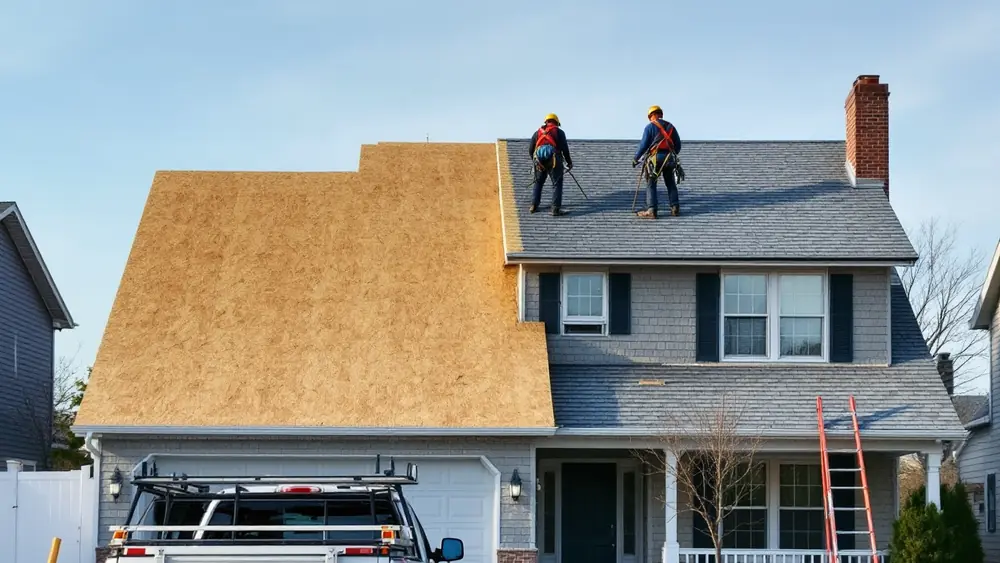 Two-story house mid-reroof with half the deck exposed and a contractor pickup with ladder rack in the driveway