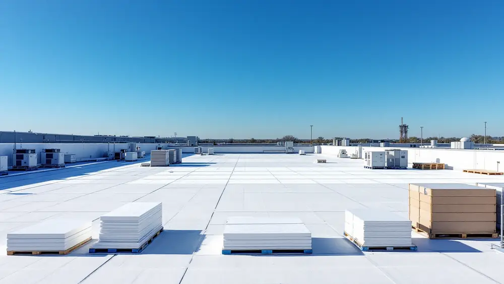 White single-ply membrane rolls and polyiso insulation boards staged on a flat commercial warehouse roof