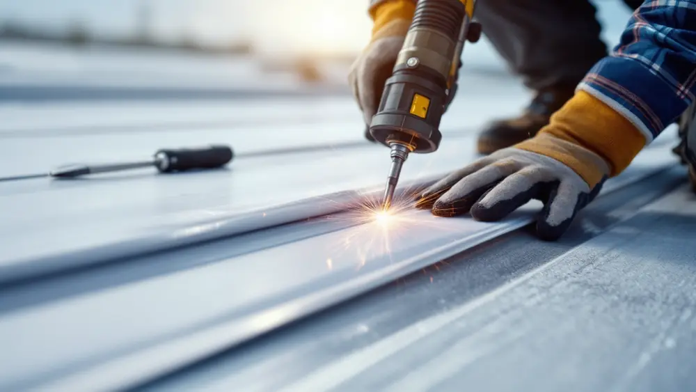 Gloved roofer heat-welding an overlapping seam on a white TPO membrane roof with an automatic welder
