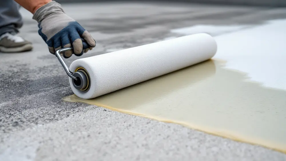 Roller saturating polyester fleece with liquid resin on a flat concrete roof deck