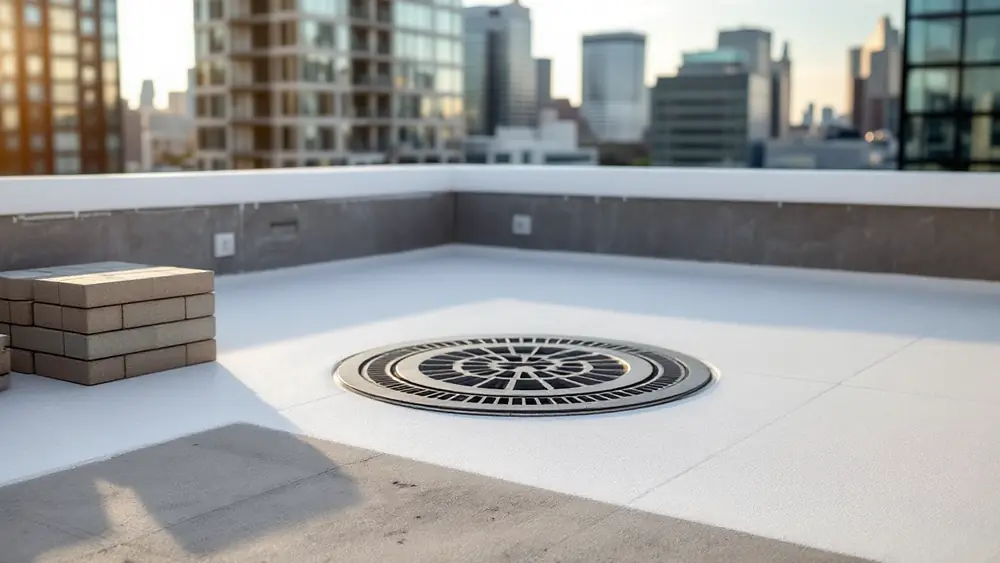 White liquid-applied membrane flashed up a parapet and around a drain on a rooftop plaza
