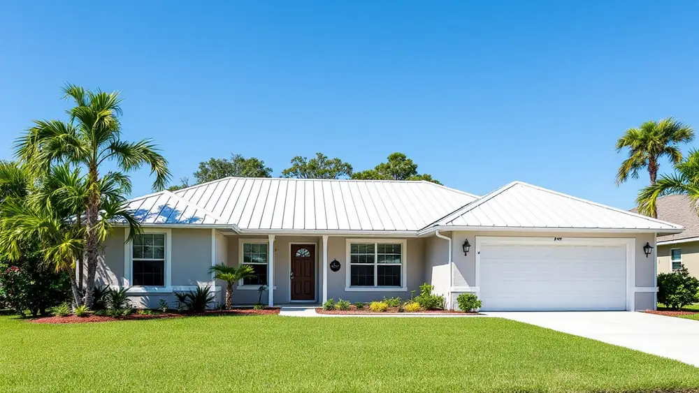 Single-story Florida home with a new light gray standing seam metal hip roof and palm trees