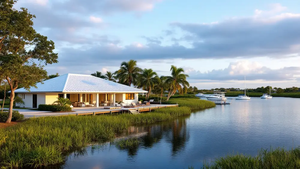 Waterfront Florida house with a white standing seam metal roof next to a bay and seawall