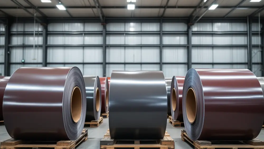 Narrow prepainted steel roofing coils standing eye to the sky on pallets in a metal supply warehouse