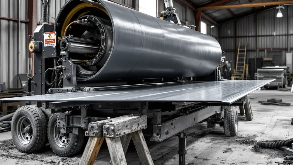 Portable roll former on a trailer feeding a charcoal steel coil into a long standing seam roof panel on a job site