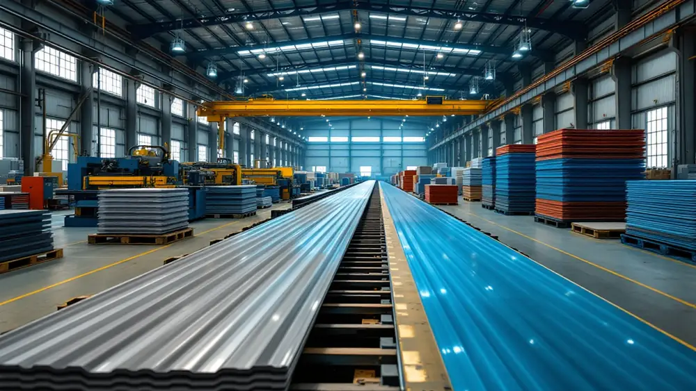 Roll-forming line shaping ribbed steel roof panels from coil in a metal roofing plant