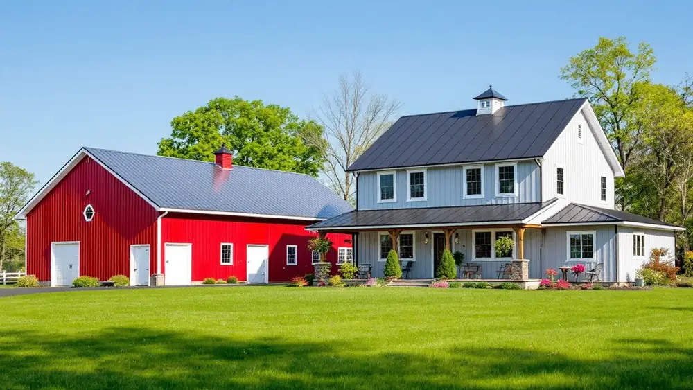 Farmhouse with a charcoal exposed-fastener ribbed steel roof beside a pole barn with a bare galvalume roof
