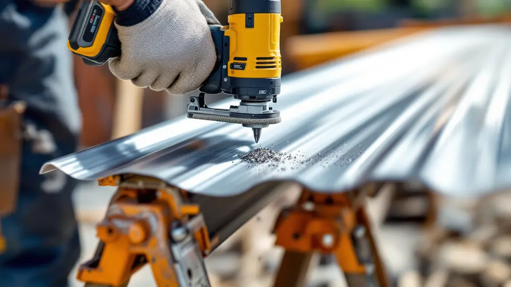 Cordless nibbler cutting across a corrugated galvalume roofing panel on sawhorses, with steel chips falling below