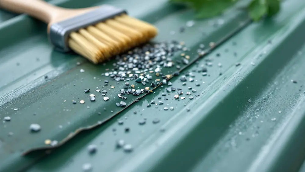 Crescent-shaped nibbler chips and metal filings lying on a painted green ribbed metal roof panel beside a cut edge