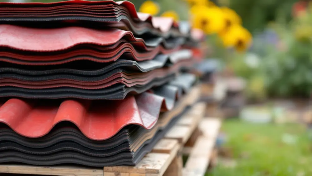 Stack of red and brown corrugated asphalt-fiber roofing panels on a wooden pallet showing the wave profile