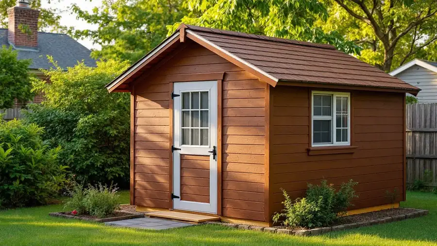 Small gable garden shed roofed with brown corrugated asphalt-fiber panels and a matching ridge cap