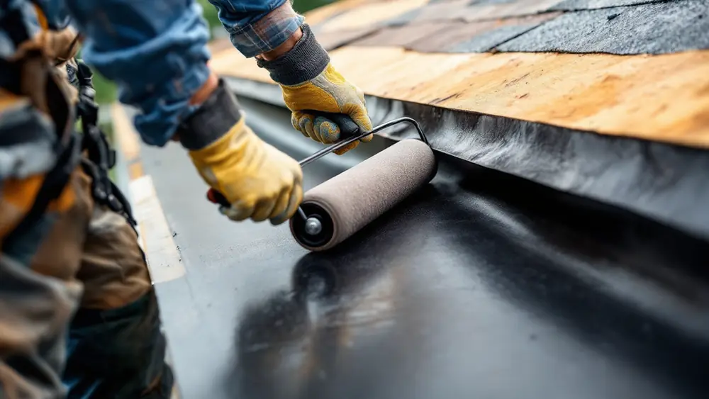 Roofer hand-rolling the lap between two courses of self-adhered ice and water membrane at a roof eave