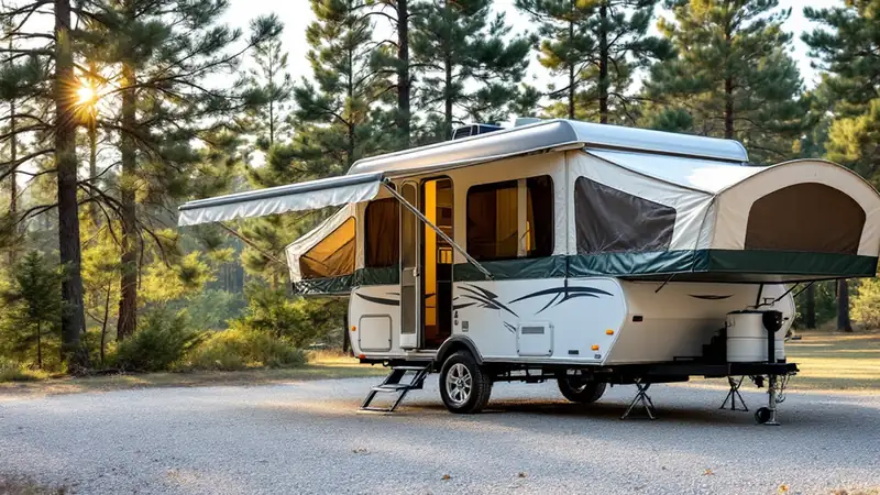 Pop-up tent camper with its hard roof raised, showing roof edge trim, corner caps and canvas sides