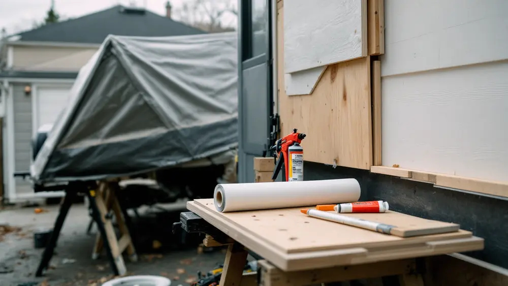 Pop-up camper roof on sawhorses with rotted side board removed and new pine boards and aluminum trim coil ready