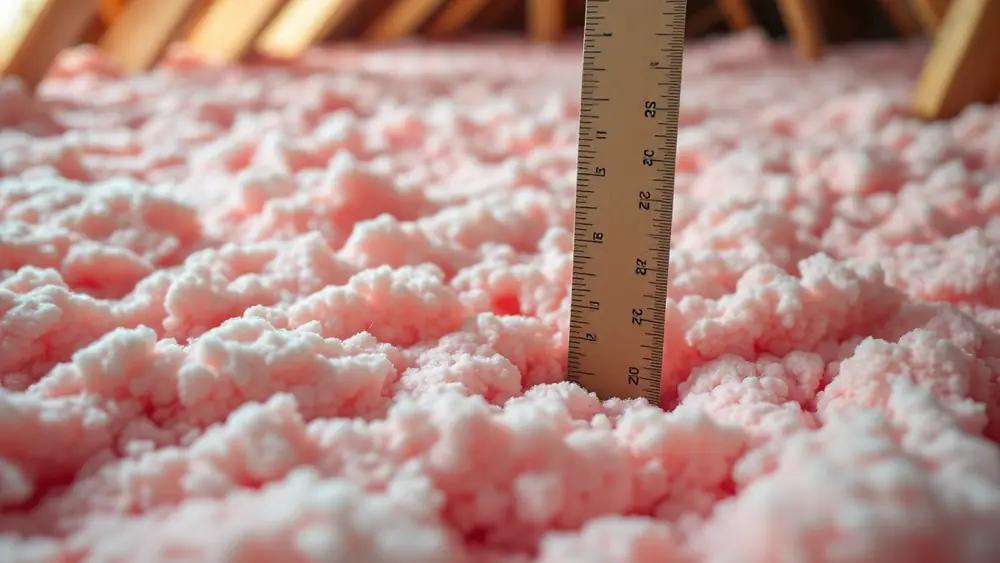 Deep layer of pink blown-in fiberglass insulation in an attic with a depth ruler stapled to a joist