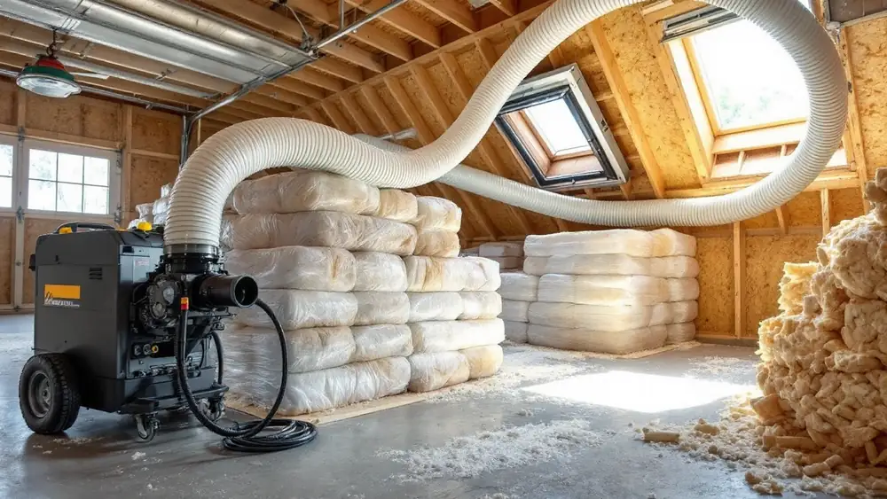 Insulation blowing machine with stacked loose-fill bags and a hose running up to an attic hatch