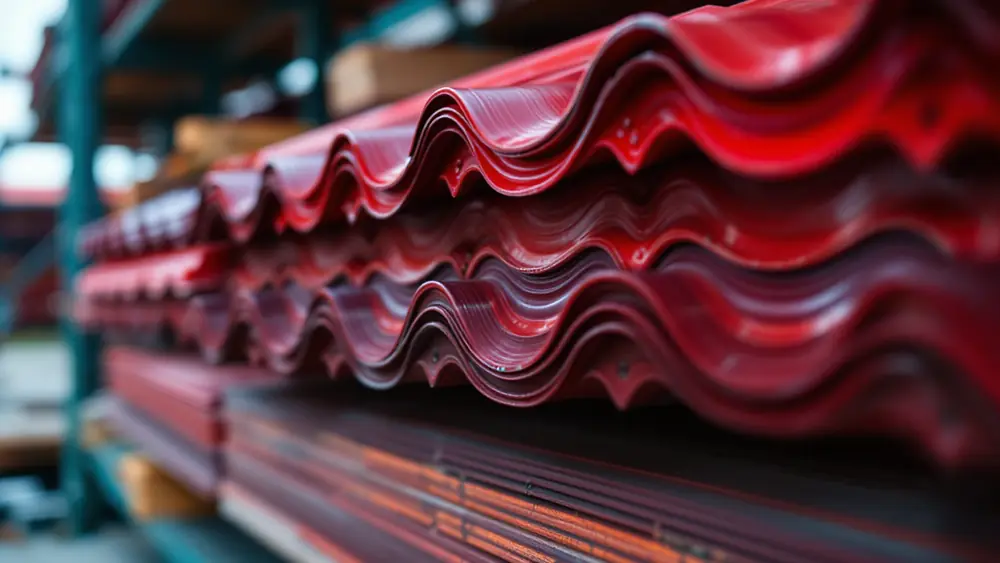 Ribbed steel roof panels in bright red, brick red and burgundy stacked side by side at a supply yard