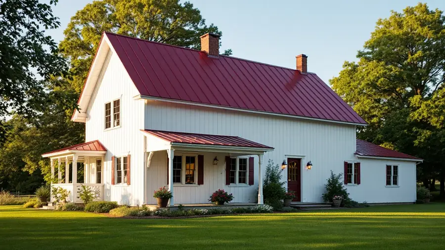 White farmhouse with a deep red standing seam metal roof in late afternoon light