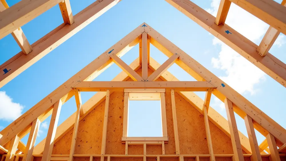 Stick-framed gable roof with rafters nailed to a ridge board and ceiling joists tying the rafter feet