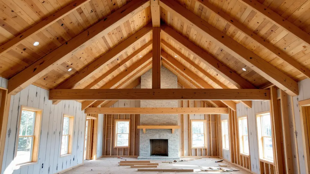 Vaulted great room framing with an engineered LVL ridge beam on a post and rafters hung from the beam