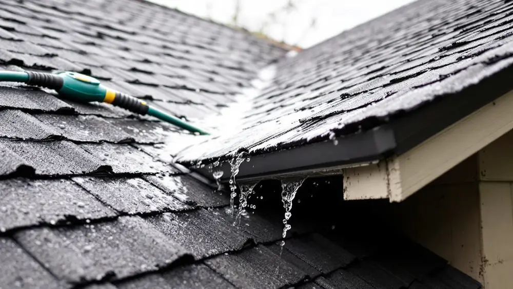 Garden hose running water over step flashing on a shingle roof during a staged roof leak test
