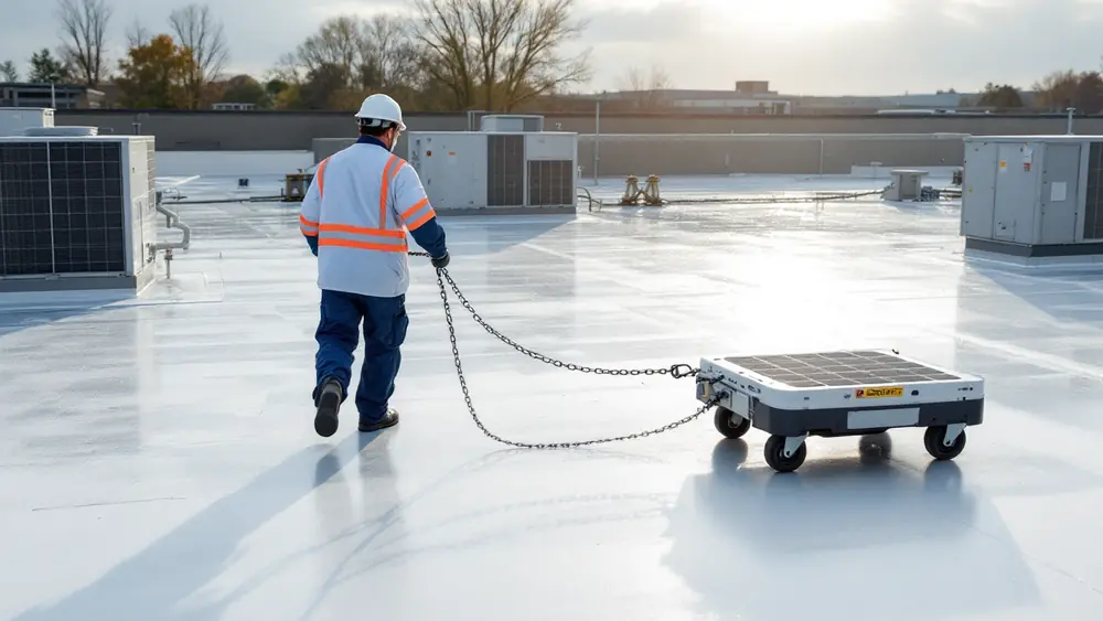 Technician scanning a wet white flat roof membrane with a low-voltage electronic leak detection platform