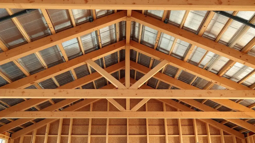 Wood purlins on edge spanning between pole barn trusses beneath partly installed steel roof panels