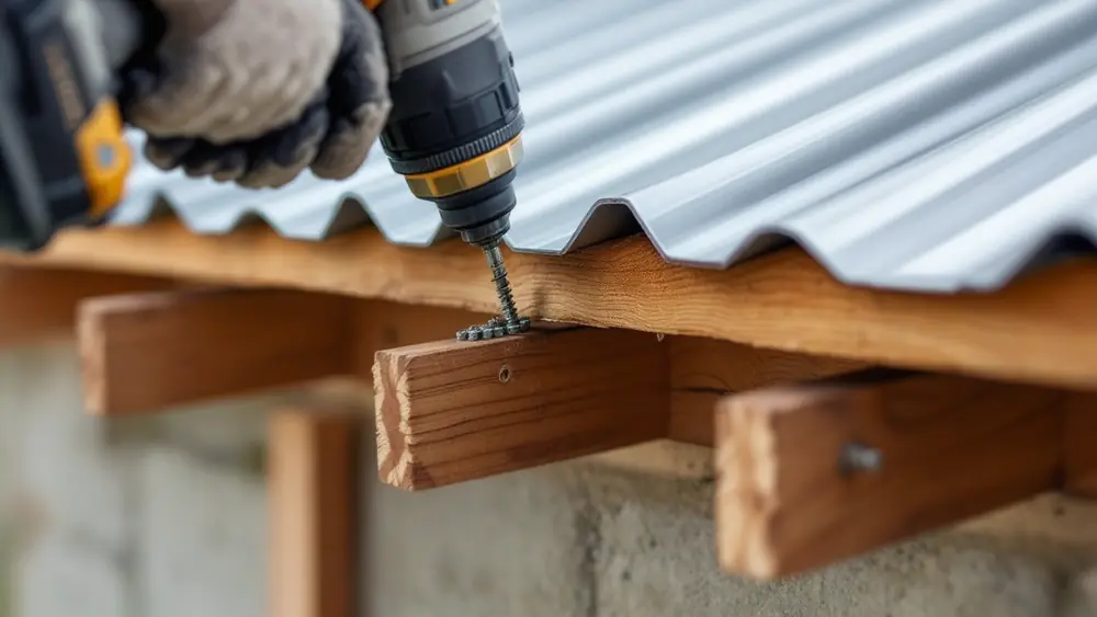 Gloved hand driving a gasketed roofing screw through a ribbed steel panel into a wood purlin