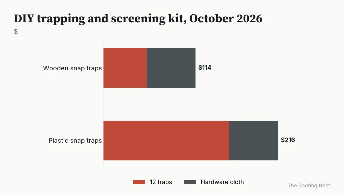 Stacked bar chart of DIY kit cost: $113.86 with wooden traps and $215.86 with plastic traps