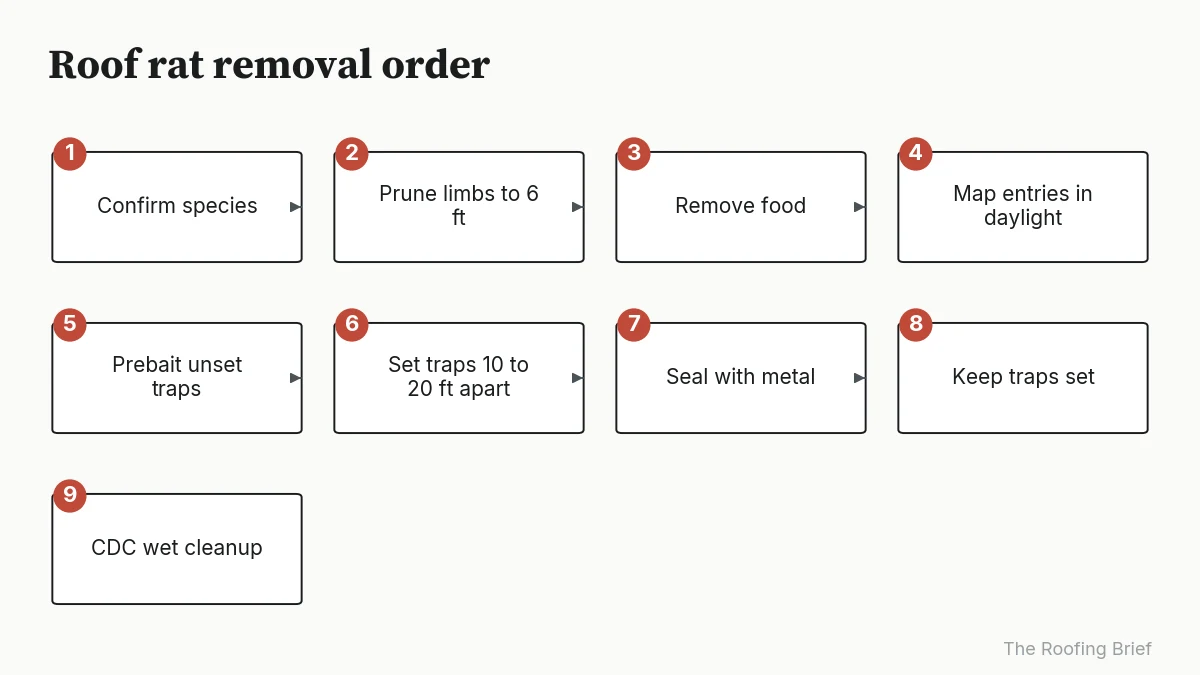 Nine-step process from confirming roof rats to trapping, sealing with metal and wet cleanup