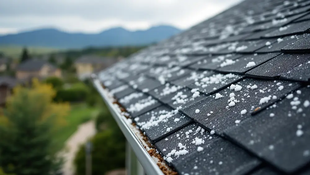 Hailstones scattered across asphalt shingles and a gutter on a Colorado Front Range roof after a summer storm