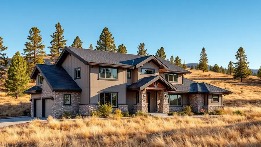 Foothills home with a Class A shingle roof, metal gutters and valleys next to a ponderosa pine slope in Colorado
