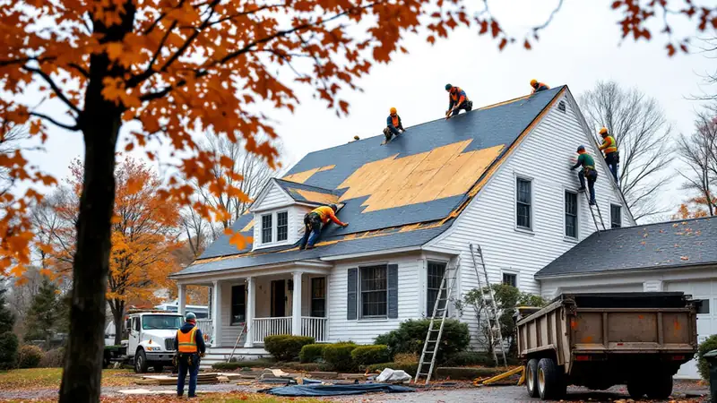 Roofing crew tearing off old shingles on a New England colonial house in autumn