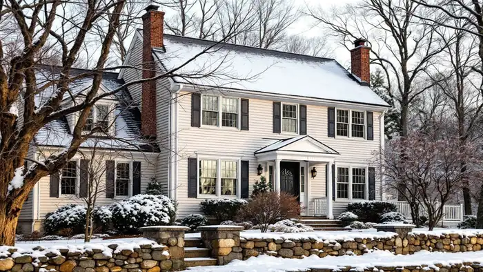 Connecticut cape-style house with an architectural shingle roof under light snow