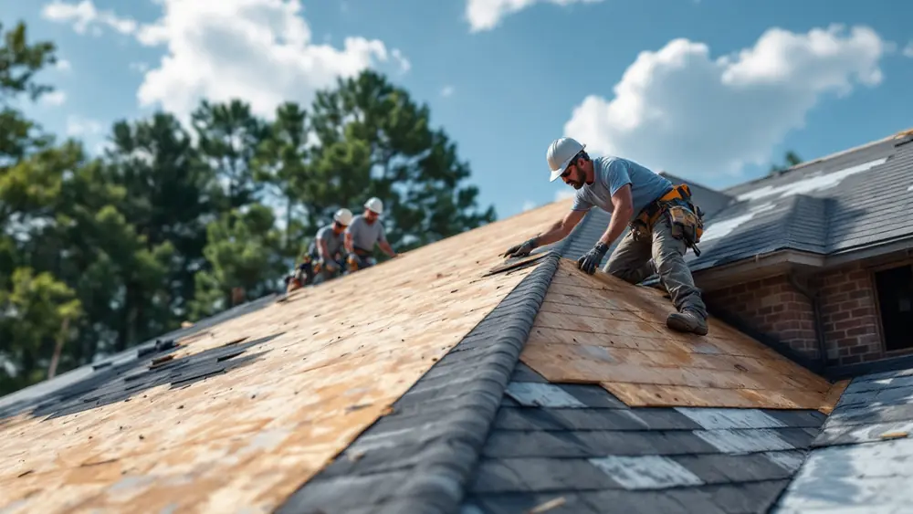 Crew tearing off old asphalt shingles on a two-story brick home in suburban Georgia