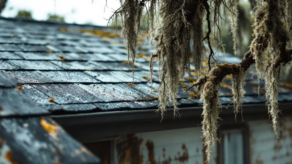Asphalt shingle roof with dark algae streaks under a moss-draped live oak in humid south Georgia