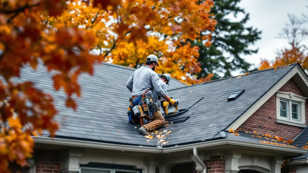 Roofing crew installing gray architectural shingles on a brick Chicago-style bungalow roof