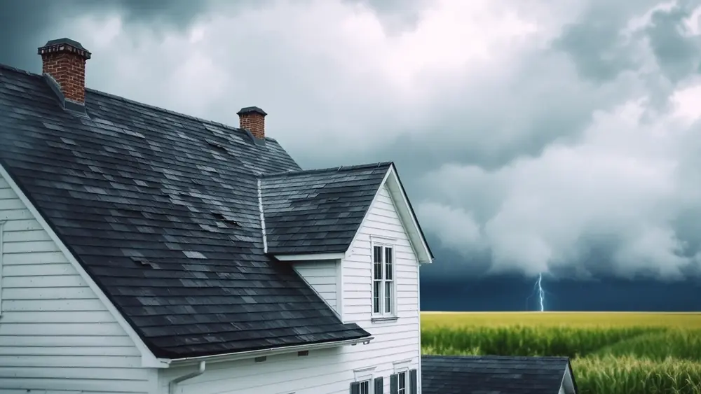 Wind-damaged asphalt shingle roof on a central Illinois farmhouse after a summer storm