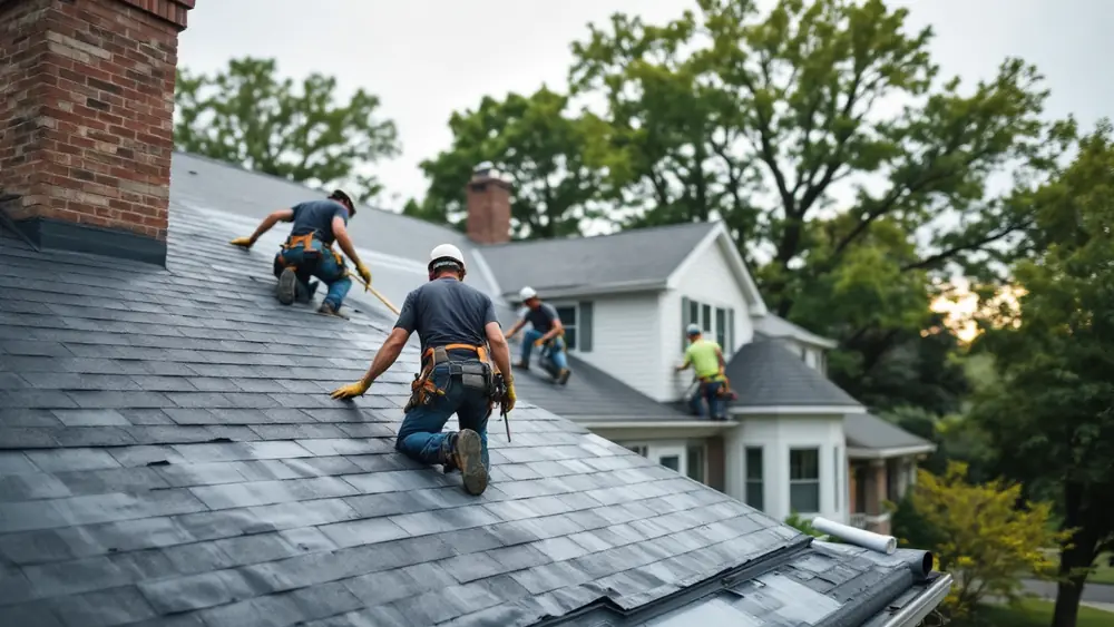 Crew installing architectural asphalt shingles on a two-story brick and siding house in a Midwestern suburb