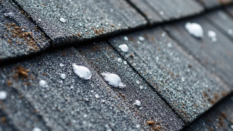 Close-up of asphalt shingles with granule loss and hailstones after a spring hailstorm