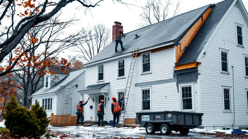 Crew tearing off asphalt shingles on a New England colonial, with ice barrier membrane along the eaves