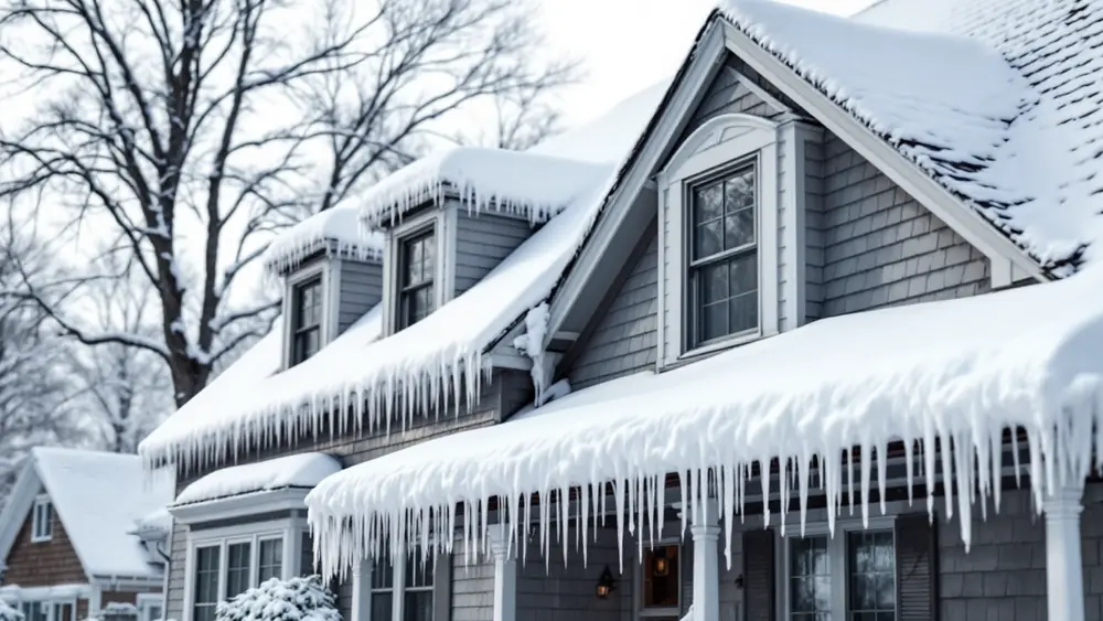 Snow-covered Cape Cod style roof with icicles and an ice ridge along the eaves after a winter storm