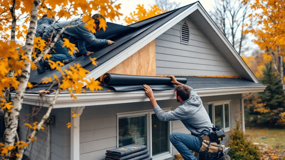 Roofers installing self-adhered ice barrier membrane along the eave of a Minnesota house before shingling