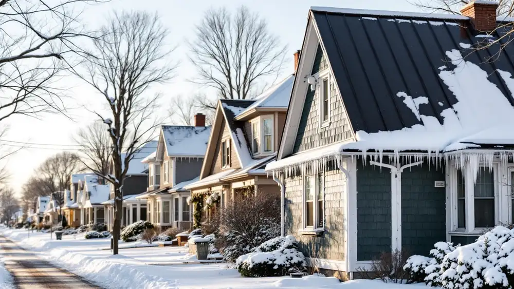 Snowy Minnesota street with a standing-seam metal roof shedding snow beside snow-covered asphalt shingle roofs