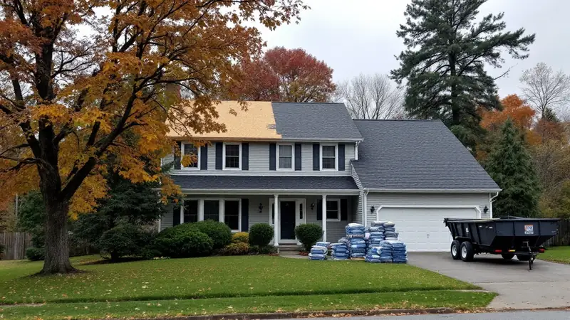 Two-story New Jersey colonial house mid reroof with half the roof stripped to decking and half in new architectural shingles