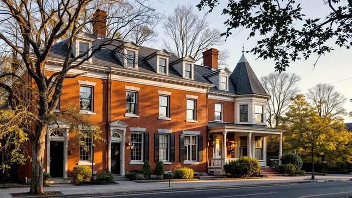 Attached brick rowhouses with flat roofs beside a detached Victorian house with a slate roof in an older New Jersey town