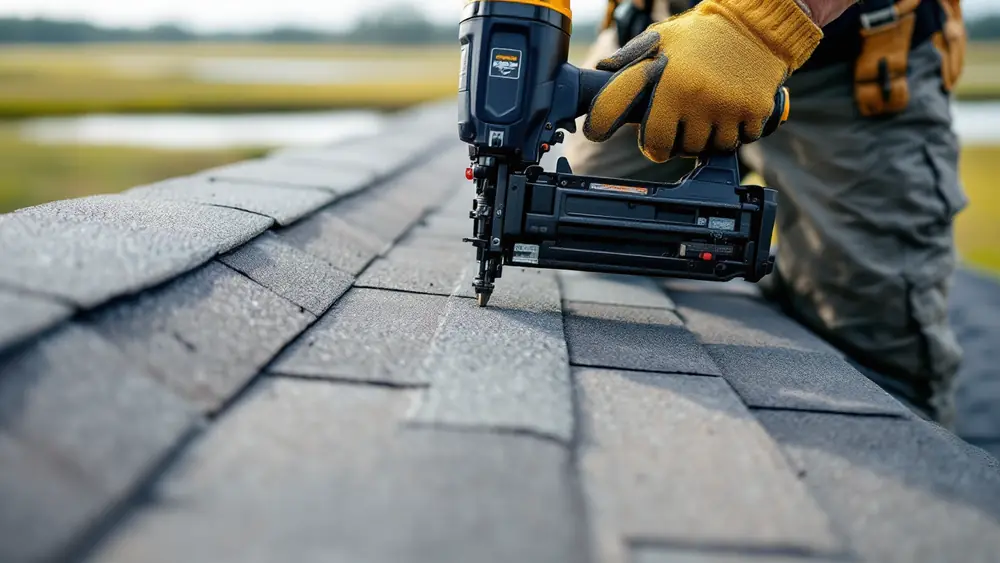 Roofer fastening architectural asphalt shingles with a nail gun on a coastal North Carolina roof