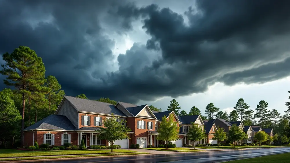 Storm clouds over suburban North Carolina homes with asphalt shingle roofs and tall trees