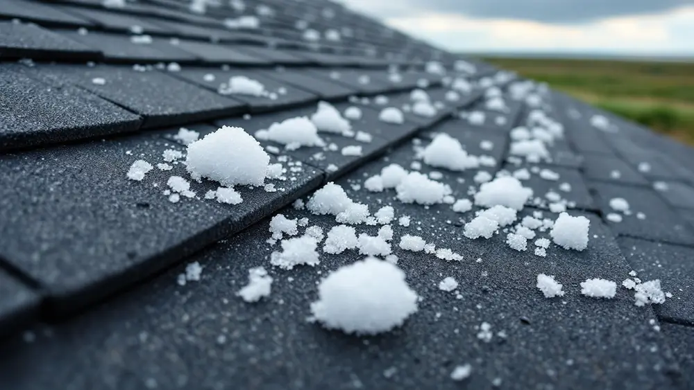 Large hailstones lying on an asphalt shingle roof after a spring hailstorm in Oklahoma